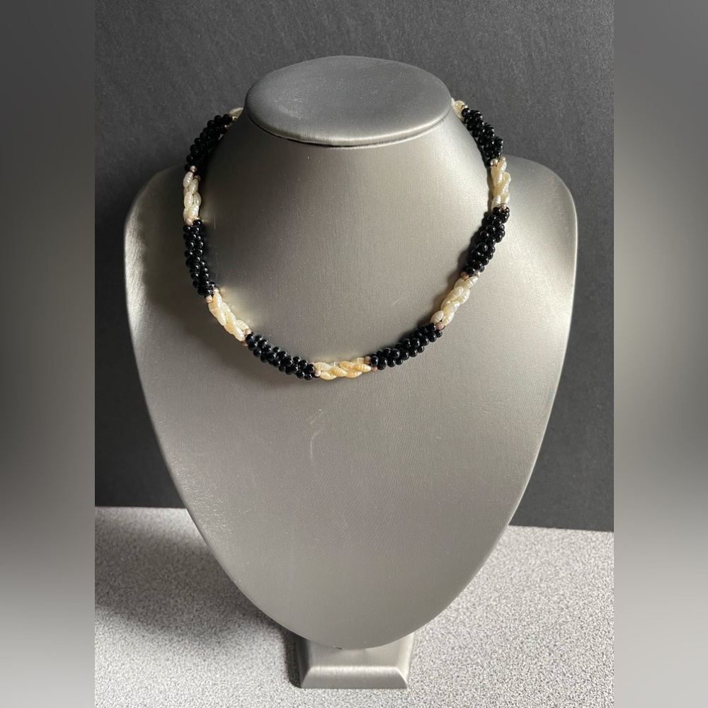 Vintage Rice Pearls & Black Beaded Necklace